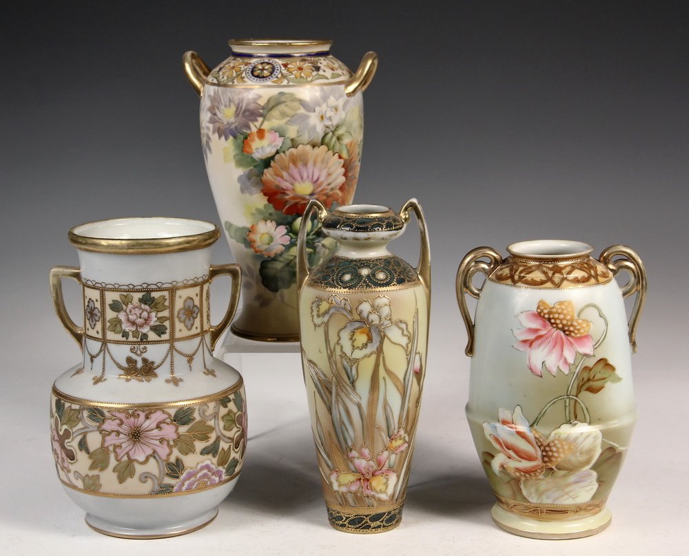 (4) NIPPON PORCELAIN VASES - Two-Handled, in Various: (4) NIPPON PORCELAIN VASES - Two-Handled, in Various Baluster Forms, all with floral decoration, two with gilt moriage. 7 1/4" to 8 1/2" tall. Some wear to gilding.