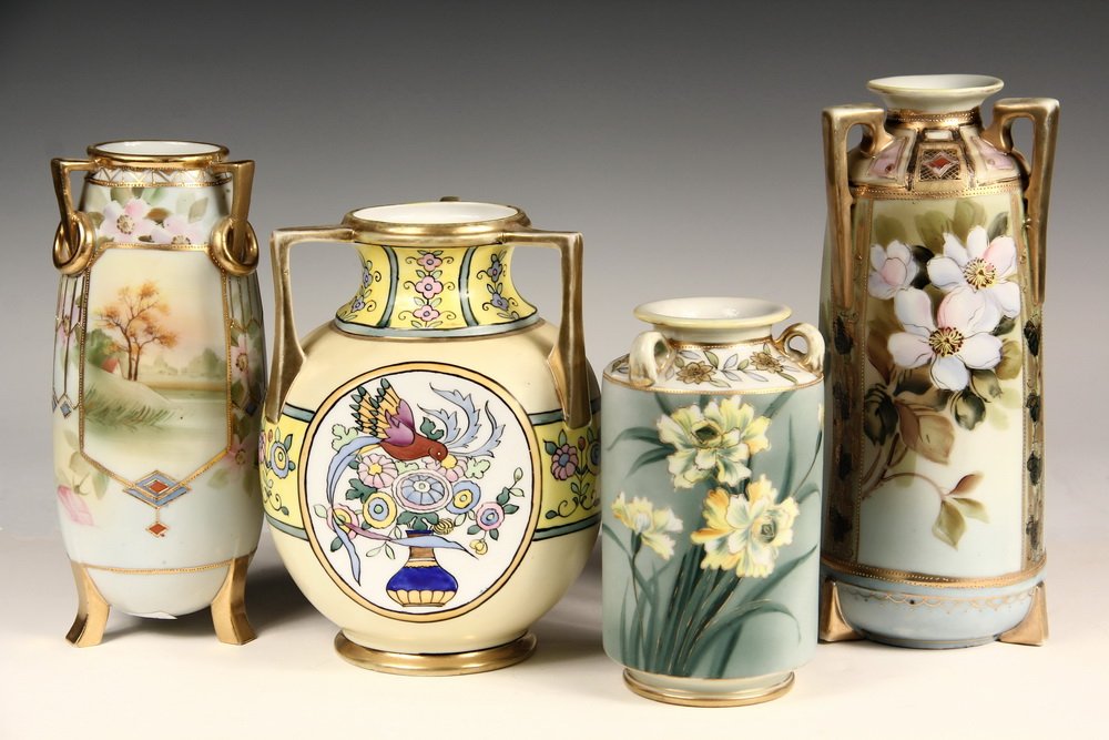 (4) NIPPON PORCELAIN VASES - Three-Handled, in Various: (4) NIPPON PORCELAIN VASES - Three-Handled, in Various Baluster Forms, all with floral decoration, two with gilt moriage, one footed, one High Deco with faceted sides. 6 1/2" to 9 1/2" tall. Some wear