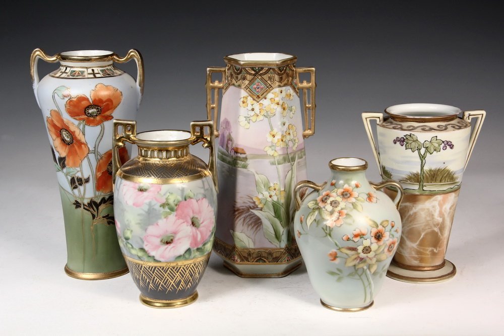 (5) NIPPON PORCELAIN VASES - Two-Handled, in Various: (5) NIPPON PORCELAIN VASES - Two-Handled, in Various Baluster Forms, all with floral decoration, the six-sided has background landscape & gilt moriage; the footed beaker has swans & smoke design. 6" t