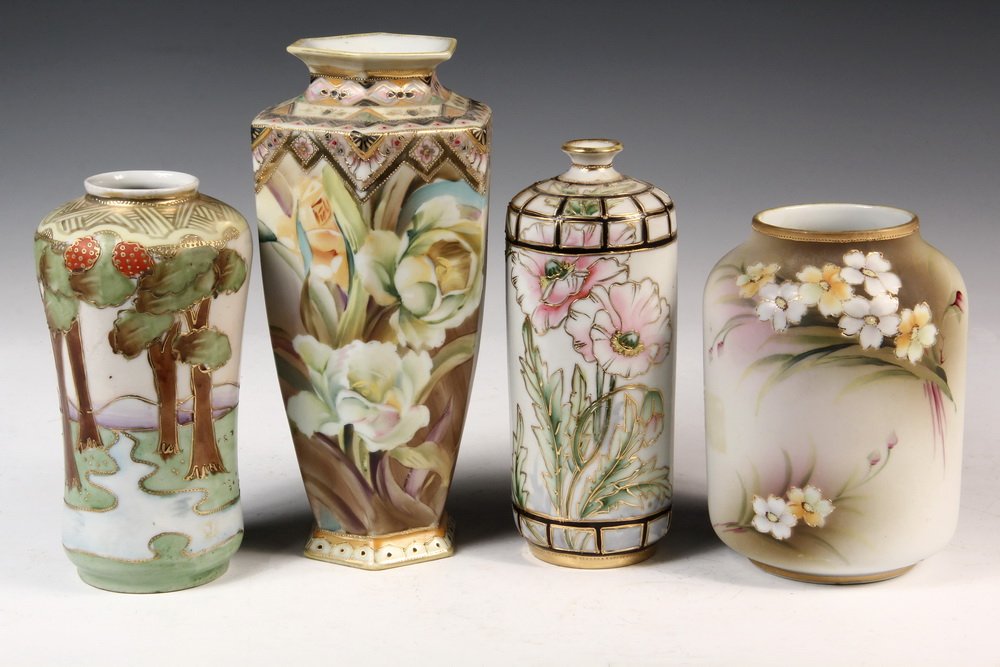 (4) NIPPON PORCELAIN VASES - Three Bottle-Form & One: (4) NIPPON PORCELAIN VASES - Three Bottle-Form & One Six-Sided Baluster; all with floral decoration except one with landscape, all have gilt moriage, two have partial matte finish. 6 1/4" to 9 1/4" ta