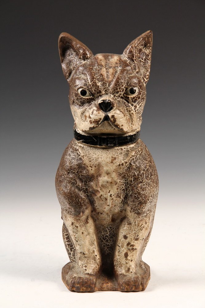 FIGURAL CAST IRON DOORSTOP - Seated Boston Terrier Dog,: FIGURAL CAST IRON DOORSTOP - Seated Boston Terrier Dog, hollow back, with wedge flange, in black, brown & white paint. Circa 1910. 11 1/2" tall. Crazing to paint.