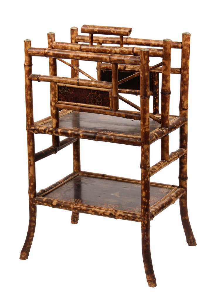BAMBOO MAGAZINE RACK - Scorched Bamboo Rack with two: BAMBOO MAGAZINE RACK - Scorched Bamboo Rack with two partitions and lower shelf having chinoiserie lacquer panels, brass fleurette caps to stiles, central handle. 28 1/2" x 18" x 13 1/2". Good conditi