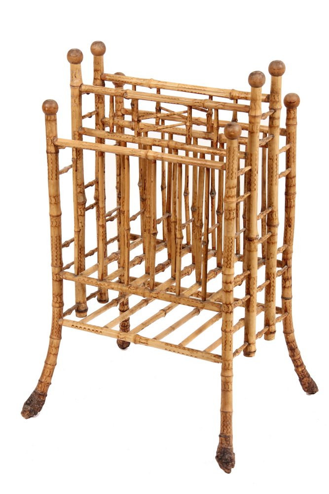 BAMBOO CANTERBURY - Scorched Bamboo Magazine Rack with: BAMBOO CANTERBURY - Scorched Bamboo Magazine Rack with root ball feet, three compartments, ball tops. Circa 1900. 30" x 12" x 17". Very good condition.