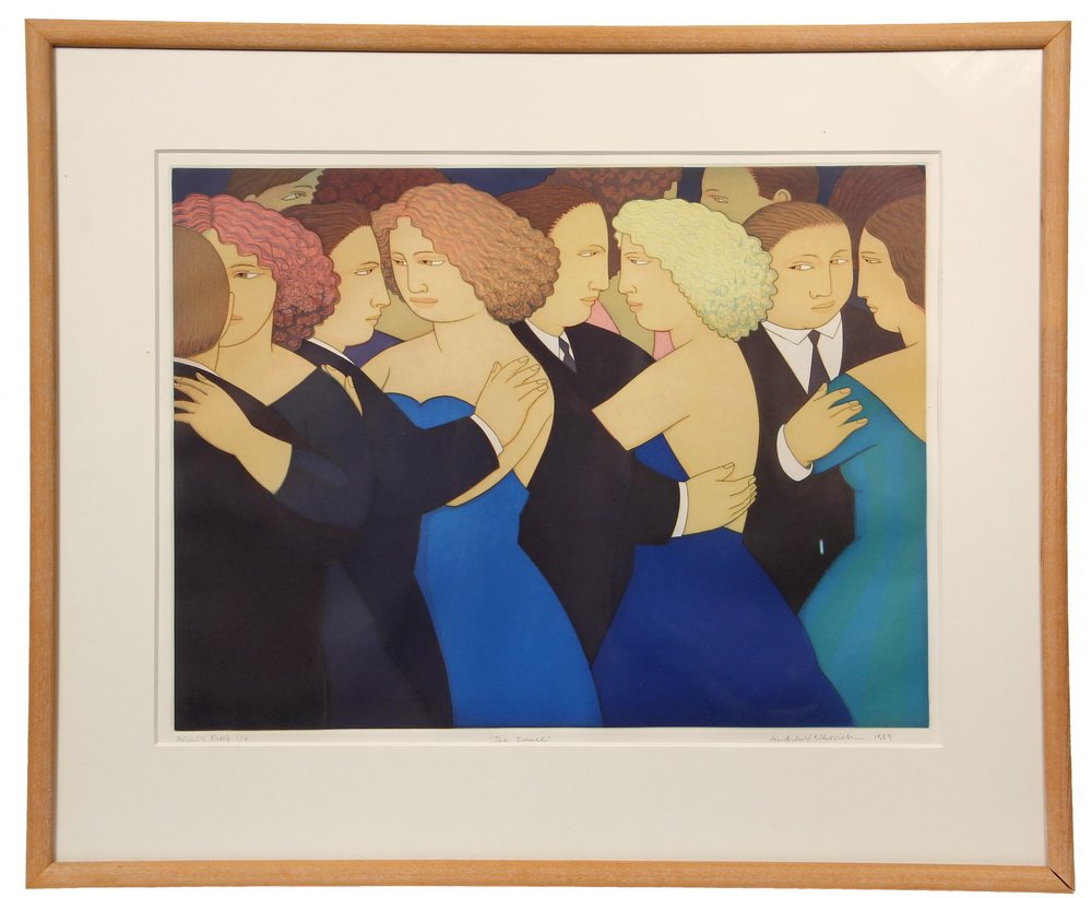 COLOR LITHO - "The Dance", by Andrew V. Stevovich, (NY,: COLOR LITHO - "The Dance", by Andrew V. Stevovich, (NY, 1948 - ),1989, Artist's Proof I/X. Pencil signed. In maple half round box frame, matted and glazed. OS: 27" x 32 1/2". SS: 17 1/2" x 23 1/2". Fi