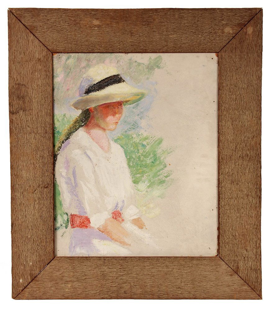OIL ON UPSON BOARD - Portrait of Girl in Summer Hat,: OIL ON UPSON BOARD - Portrait of Girl in Summer Hat, rendered in knifework, unsigned on front, marked "Sherwood" on back, possibly William Anderson Sherwood (MD, 1875-1951). In barnwood frame. OS: 27