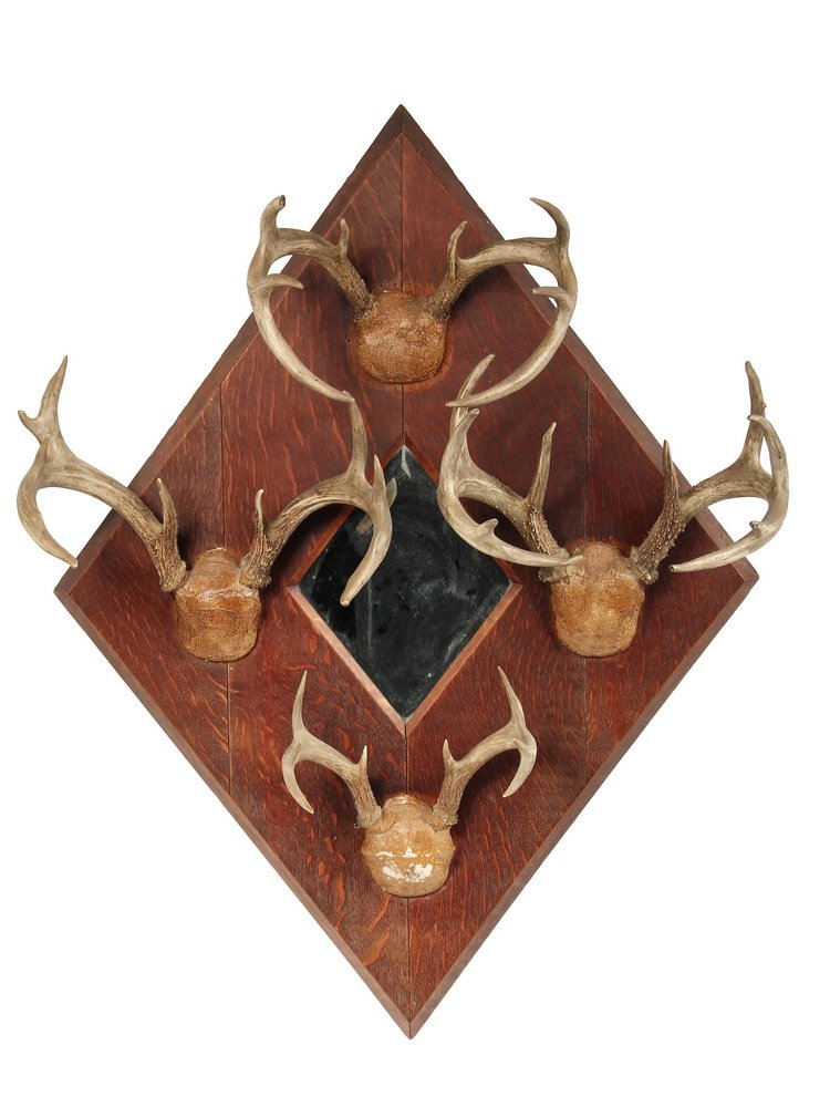 HUNTER'S HAT RACK - Adirondack Arts & Crafts Period: HUNTER'S HAT RACK - Adirondack Arts & Crafts Period Diamond Shaped Oak Framed Mirror with Deer Antler racks. Roughly 34" x 42". Good condition,
