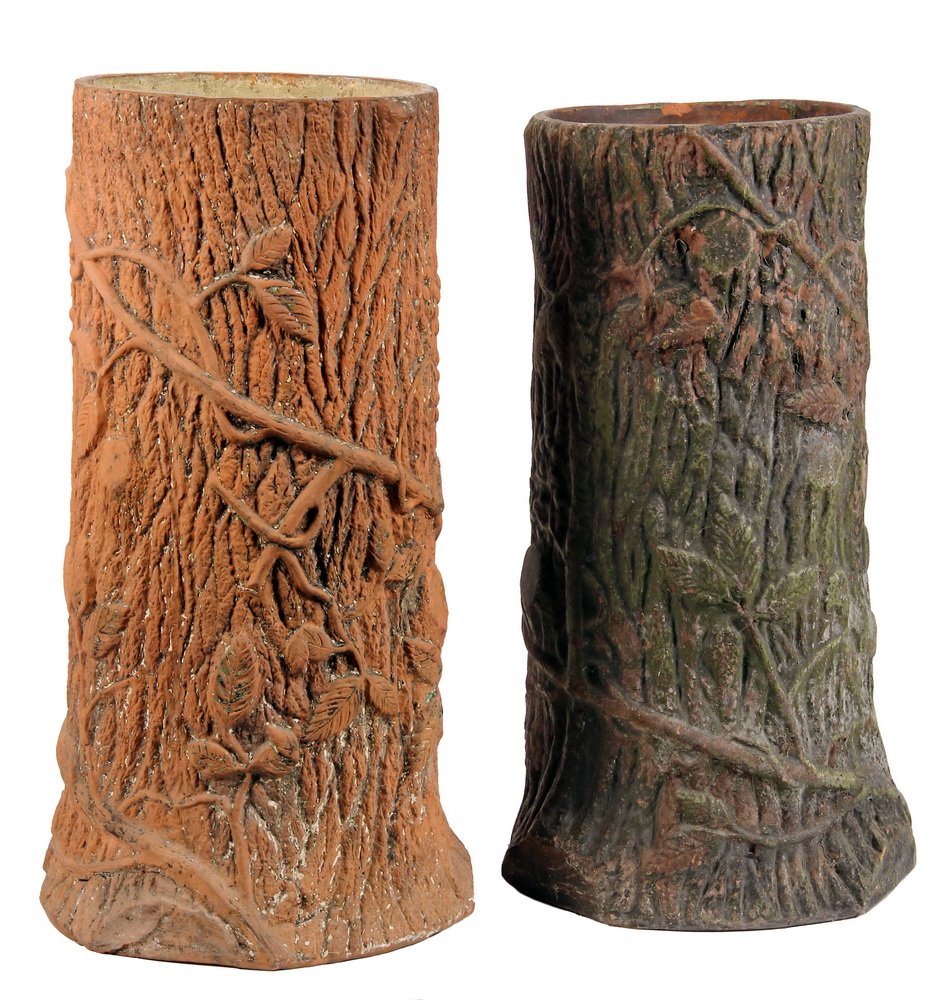 PAIR OF POTTERY UMBRELLA STANDS - Victorian Terra Cotta: PAIR OF POTTERY UMBRELLA STANDS - Victorian Terra Cotta Tree Trunk Form Umbrella Stands in moss green paint. 20" tall. Bottom of one beginning to crack.