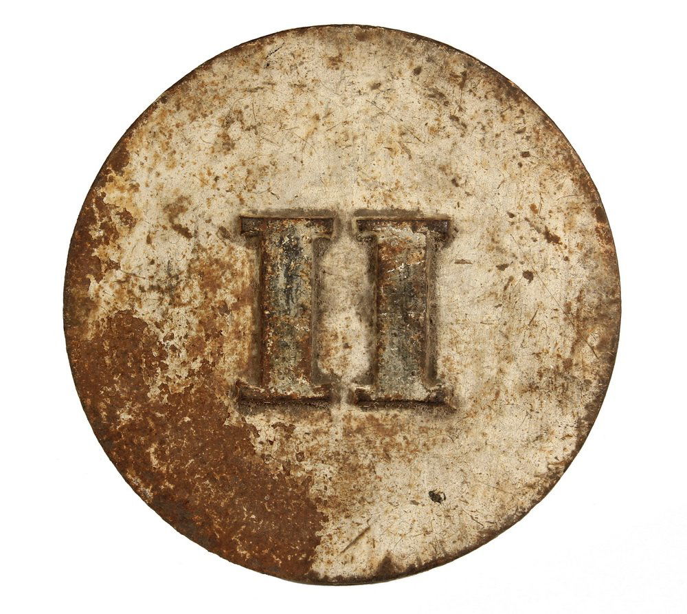 CAST IRON FIRE MARK - Early 19th c. Roman Numeral "II": CAST IRON FIRE MARK - Early 19th c. Roman Numeral "II" Architectural Building Plate for unknown Fire Company, city. Back spike is intact. 9" diam. Some corrosion.