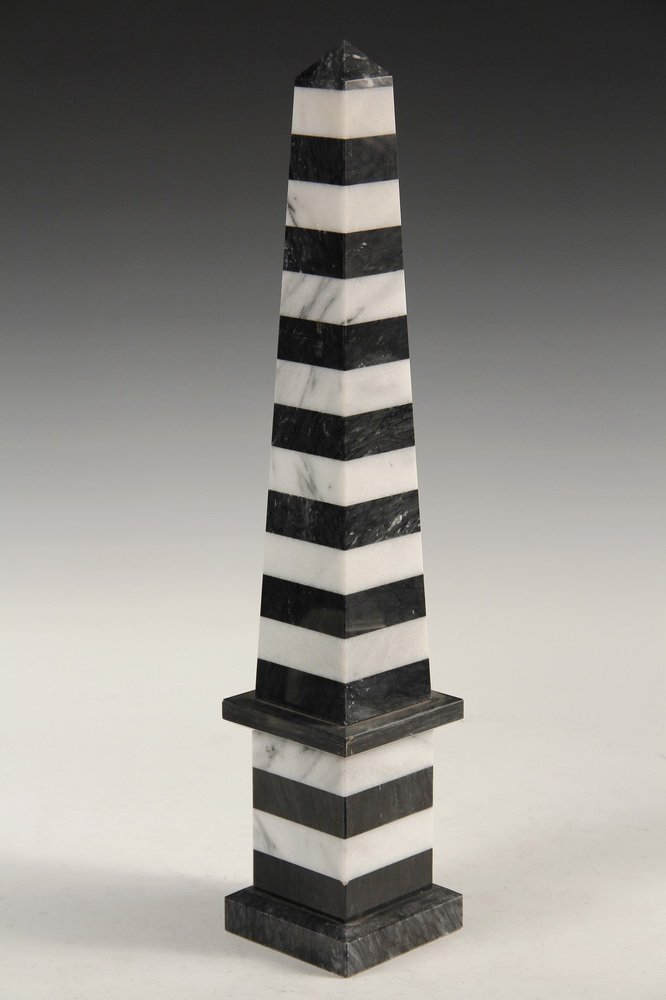 MARBLE OBELISK - Modernist Black & White Marble Obelisk: MARBLE OBELISK - Modernist Black & White Marble Obelisk in horizontal sections, probably Italian, late 20th c. 21" tall. Good condition.