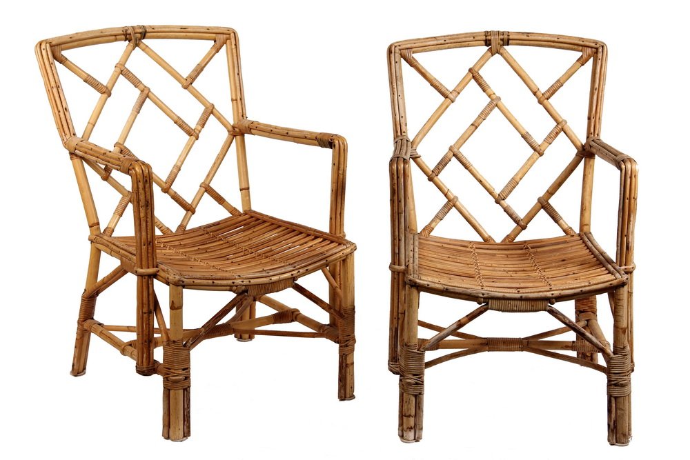 PAIR RATTAN ARMCHAIRS - 1930s Art Deco, with offset: PAIR RATTAN ARMCHAIRS - 1930s Art Deco, with offset square backs, curved seats, natural finish. 35" backs. Good condition.