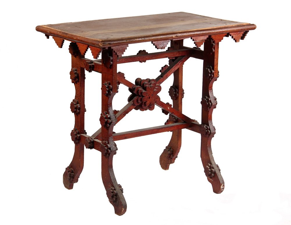 OBLONG TRAMP ART TABLE - Folk Art Table in stained pine: OBLONG TRAMP ART TABLE - Folk Art Table in stained pine with stacked blossom decorations on skirt, vertical X stretcher, H shaped trestles. 29" x 30" x 20". Worn. Nice age patina.