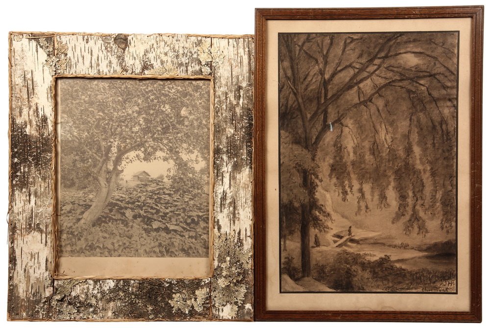 PHOTOGRAVURE & CHARCOAL DRAWING - Circa 1910: PHOTOGRAVURE & CHARCOAL DRAWING - Circa 1910 Photogravure of Pumpkin Patch, Apple Tree & Cabin in birch bark frame, OS: 19" x 16 1/2"; PLUS Charcoal Drawing of Woodland Stream Bridge signed NH, Clarem