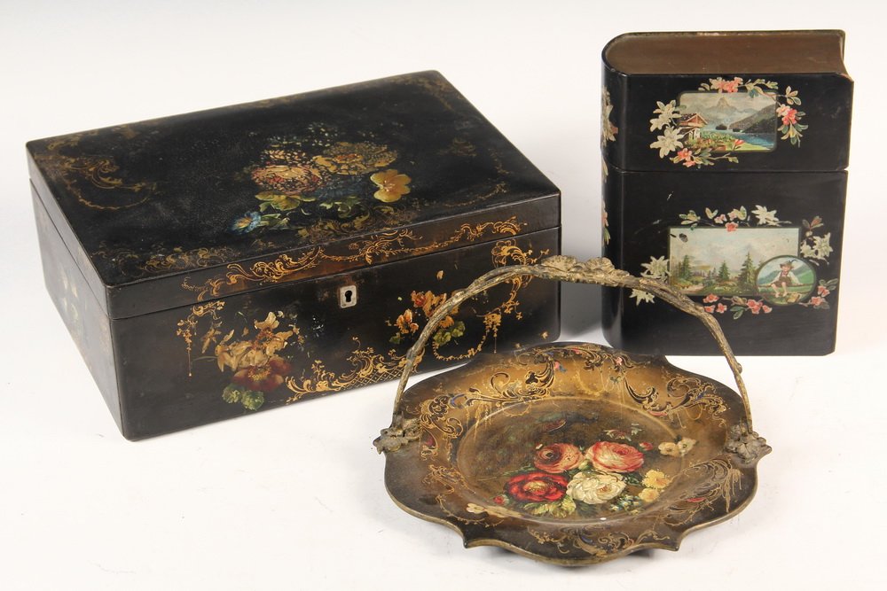 (3 PCS) VICTORIAN PAPIER MACHE - All with floral: (3 PCS) VICTORIAN PAPIER MACHE - All with floral decoration: Document Box with hinged lid, 4" x 11" x 8"; Book Form Box, 7 1/4" x 5 1/2" x 2 1/2"; Shaped Plate with swing gilt brass handle, 9" diam. G