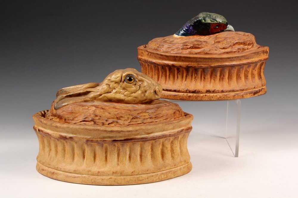 (2) FRENCH FIGURAL COVERED CASSEROLES - Tapered Oval: (2) FRENCH FIGURAL COVERED CASSEROLES - Tapered Oval Porcelain Terrine Molds with Rabbit & Pheasant form lids, by Pillivuyt of Paris, for Lamalle in NYC. The rabbit has glass eyes. Mid 20th c. 9" & 10