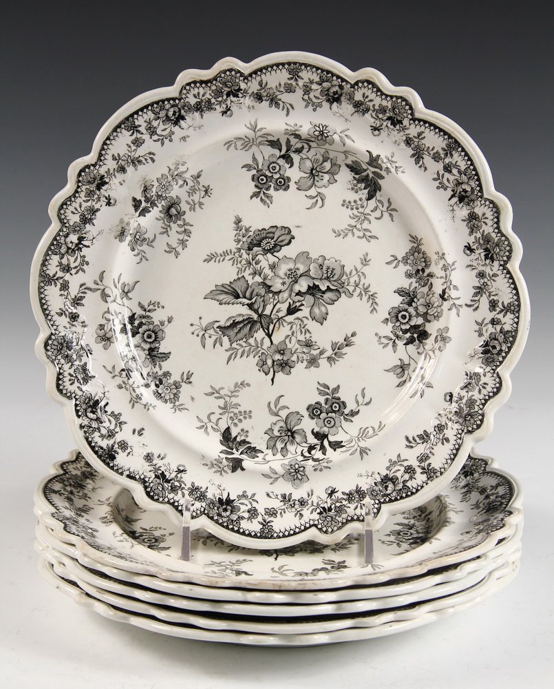SET (6) ENGLISH POTTERY PLATES - Black & White Transfer: SET (6) ENGLISH POTTERY PLATES - Black & White Transfer Floral Plates in "Imperial Flowers" Pattern, scalloped edge. Mid 19th c. 10 1/2" diam. Minor edge flakes.