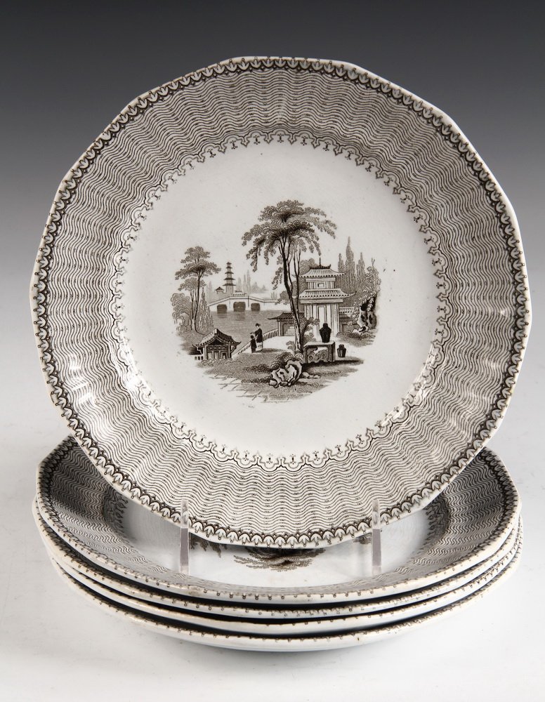 SET (5) ENGLISH IRONSTONE DISHES - Black Staffordshire: SET (5) ENGLISH IRONSTONE DISHES - Black Staffordshire "Nanking" pattern by E. Challinor. 9 1/2" diam. Chip to rim of one.