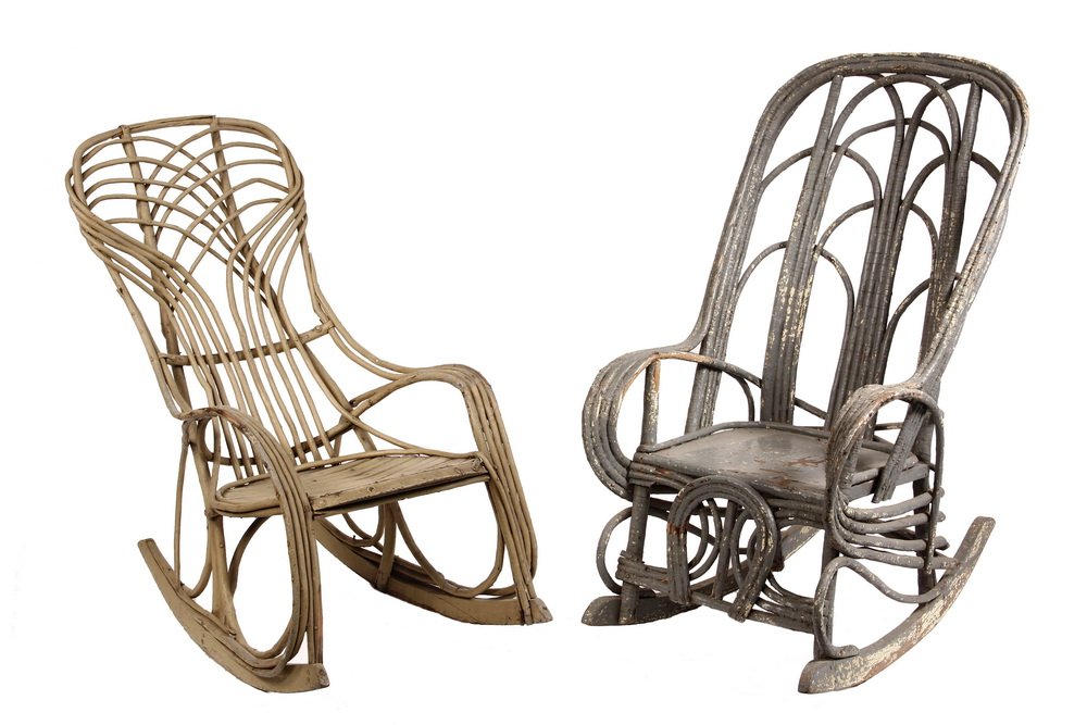 (2) BENT TWIG ROCKERS - Unmatched Adirondack, circa: (2) BENT TWIG ROCKERS - Unmatched Adirondack, circa 1890s, one with wooden slat seat in tan paint, the other with solid wood seat, green paint. 38" & 43" backs. Very good condition.