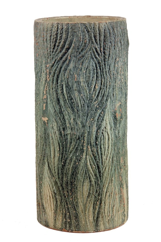 POTTERY UMBRELLA STAND - Victorian Terra Cotta Tree: POTTERY UMBRELLA STAND - Victorian Terra Cotta Tree Trunk Form Umbrella Stand in striated green paint. 20 1/2" tall. Good condition.