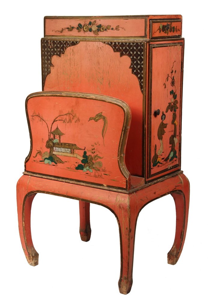 CHINOISERIE SMOKING STAND - Orange Lacquered Oriental: CHINOISERIE SMOKING STAND - Orange Lacquered Oriental Themed Stand with magazine rack, cabinet and drawer, decorated in gold, silver and black with garden scenes and flowers, raised on bowed legs. 29"