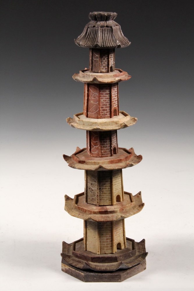 CHINESE SOAPSTONE MODEL - 19th c. Eight-Sided: CHINESE SOAPSTONE MODEL - 19th c. Eight-Sided Five-Tiered Pagoda Temple in various colors, set on pegs. 16 1/2" tall. Some loss & wear.