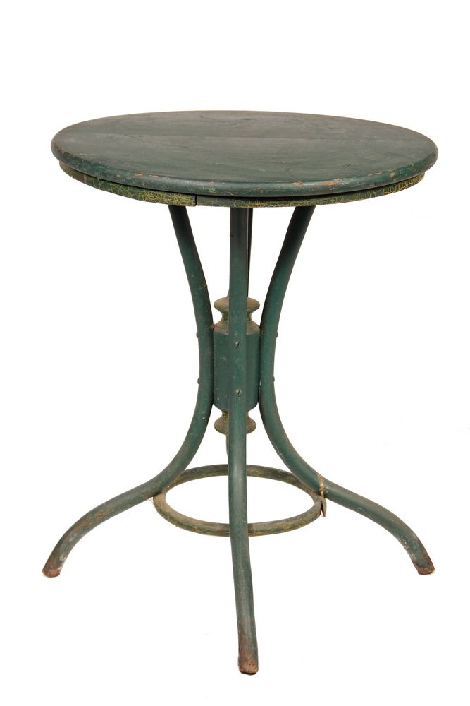 THONET STYLE BENTWOOD CAFE TABLE - Green Painted Wood,: THONET STYLE BENTWOOD CAFE TABLE - Green Painted Wood, with finial turned center column joining four Y-yoke legs, ring stretcher, quarter sawn oak top. 29 1/2" tall, 24" diam. Ring spline is giving aw