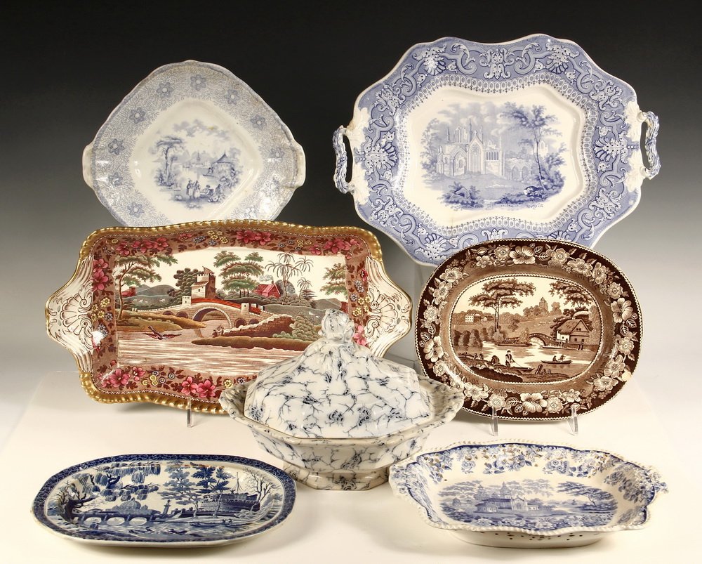 (7 PCS) IRONSTONE TRANSFERWARE - Rectangular Platter: (7 PCS) IRONSTONE TRANSFERWARE - Rectangular Platter Copeland Spode Delft, two-handled; Small Oval blue & white Staffordshire by Stubbs; Two-handled serving pc 'The Priory'; Platter 'Gothic Ruins'; ov