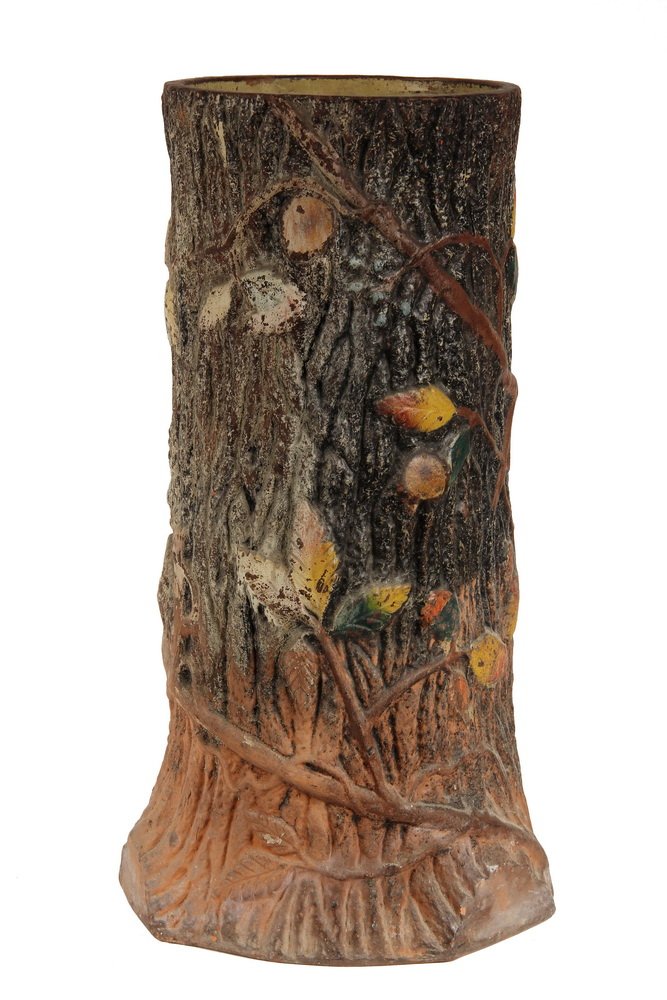 STONEWARE UMBRELLA STAND - Large 19th c. Pottery Stand: STONEWARE UMBRELLA STAND - Large 19th c. Pottery Stand in the form of a realistic tree trunk, in painted terra cotta, unmarked, probably American. 21" tall. Good condition.