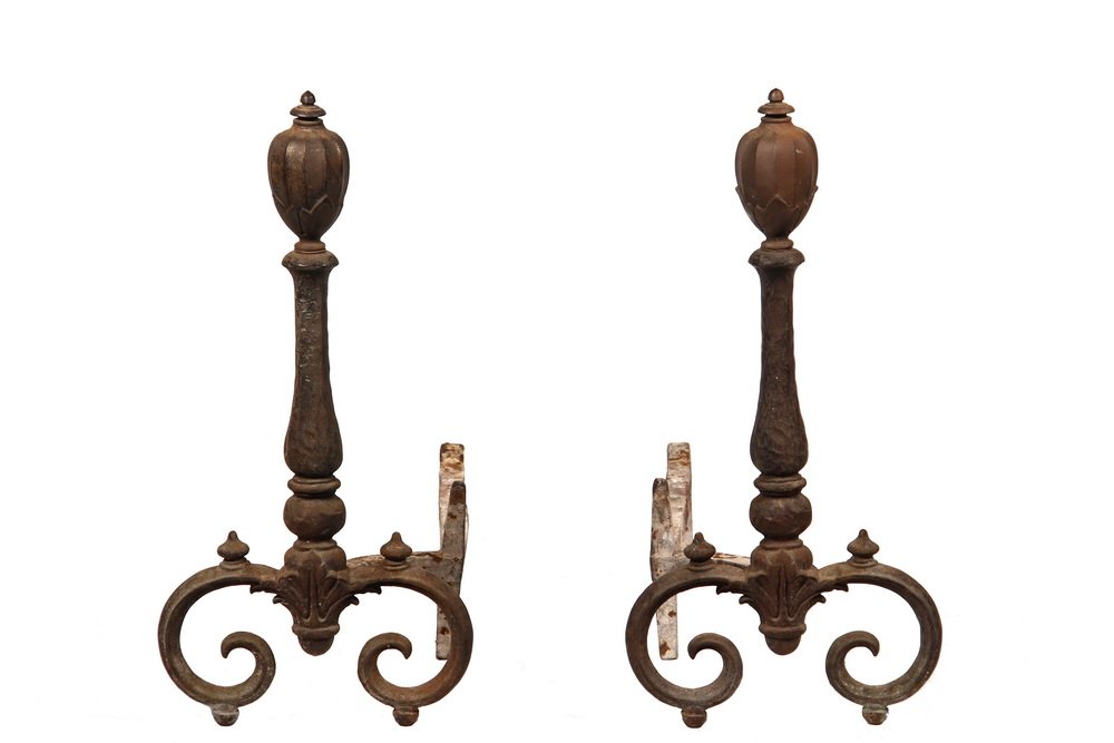 BRADLEY & HUBBARD ANDIRONS - Circa 1890s, Cast Iron: BRADLEY & HUBBARD ANDIRONS - Circa 1890s, Cast Iron Colonial Revival Lemon Tops with hammered posts, scrolled legs with finials on log stops behind. Unmarked. 22 1/2" x 10" x 22". Some corrosion.