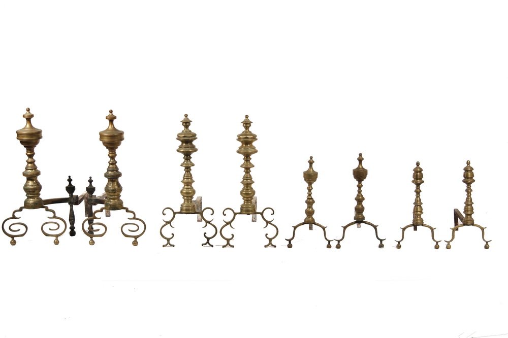 (4 PAIR) PERIOD ANDIRONS - Four Pair Chippendale Period: (4 PAIR) PERIOD ANDIRONS - Four Pair Chippendale Period Brass Andirons, ranging in size from 24" tall x 11" x 24" to 15" x 8" x 15", some corrosion, log stops missing from one large pair.