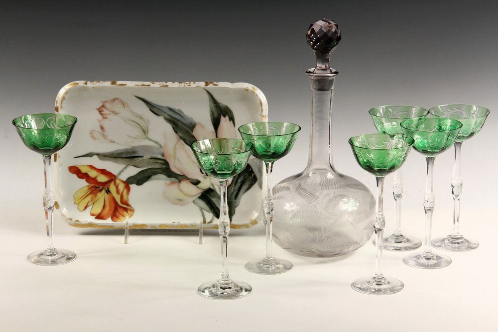 VINTAGE GLASS & PORCELAIN - (7) 19th c. Green & Clear: VINTAGE GLASS & PORCELAIN - (7) 19th c. Green & Clear Cut Glass Apertifs; !8th c. Wheel-Cut Pale Lavender Decanter & 19th c. French Handpainted Floral Decorated Vanity Tray. Good condition, gilding wo