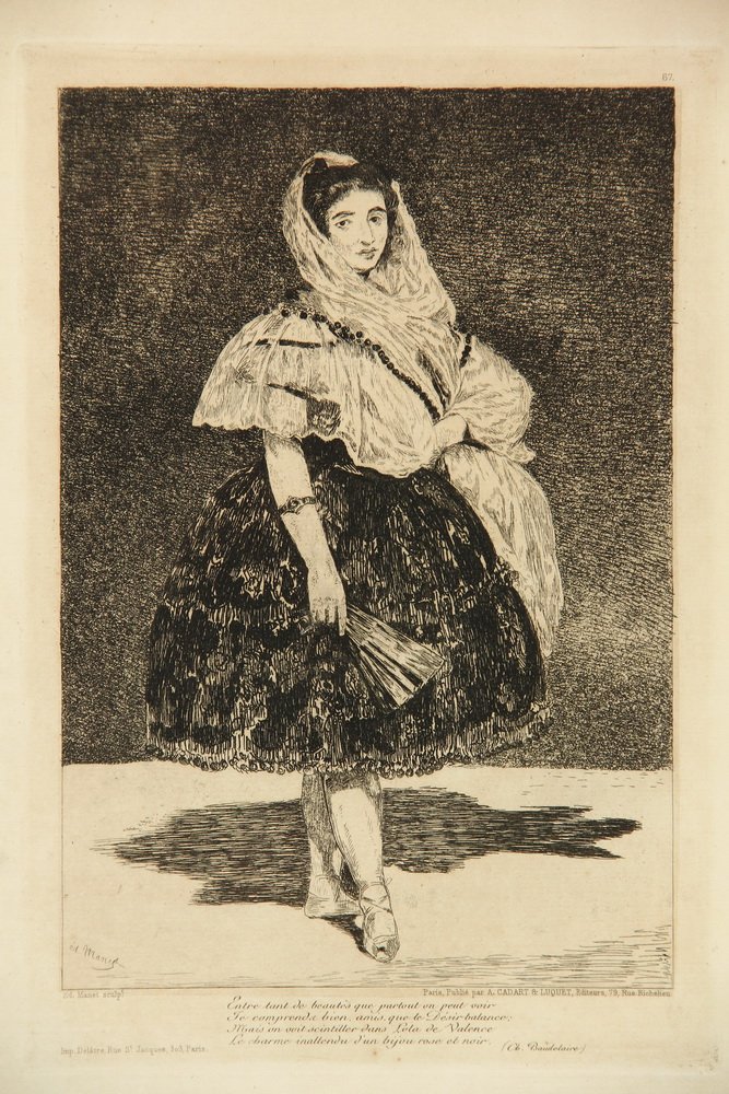 ETCHING - "Lola de Valence", 1863, by Eduoard Manet: ETCHING - "Lola de Valence", 1863, by Eduoard Manet (1832-1883), signed in plate, with poem by Baudelaire, full sheet, plate 69 from "Modern Prints", published by Gadart & Luquet. The subject was a da
