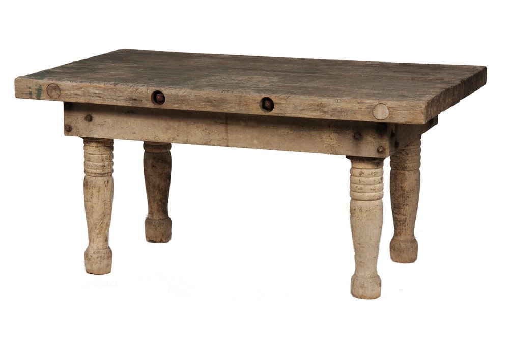 BUTCHER BLOCK TOP WORKTABLE - Large Butcher Block Top: BUTCHER BLOCK TOP WORK TABLE - Large Butcher Block Top Work Table with substantial turned legs supporting inset deep skirt, the top with evidence of much use, 29 3/4" tall, 36" x 60", unfinished, cuts