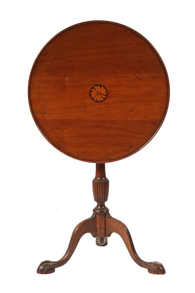 TEA TABLE - Custom Tilt-Top Chippendale Style Mahogany: TEA TABLE - Custom Tilt-Top Chippendale Style Mahogany Tea Table with dish top having inlaid pinwheel at center, ribbed urn column, tripod ball and claw base, 30" tall, 23" diam, very good condition.