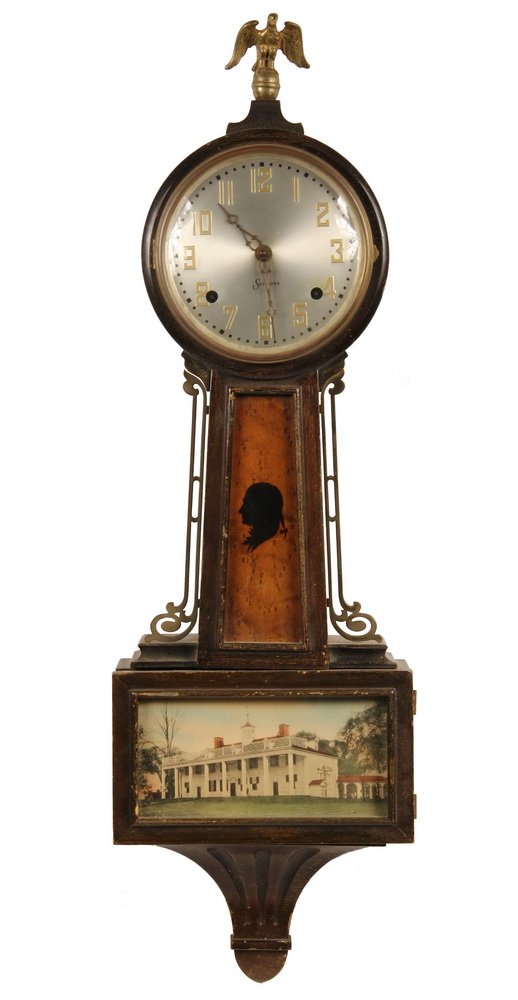 BANJO CLOCK - Circa 1930 sessions mahogany cased banjo: BANJO CLOCK - BANJO CLOCK - Circa 1930 Sessions mahogany cased Banjo Clock. 8-day time and strike brass movement. Lower tablet depicts Mt. Vernon, throat panel has silhouette of George Washington on b