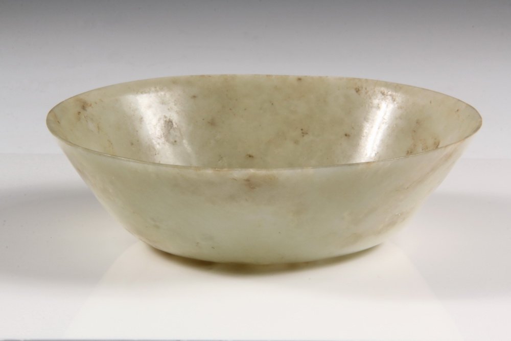 CHINESE JADE BOWL - 19th c. Mutton Fat Jade Bowl. 1: CHINESE JADE BOWL - 19th c. Mutton Fat Jade Bowl. 1 1/2" deep, 5 1/2" diam. Single hairline to rim. From a Phippsburg Maine estate.