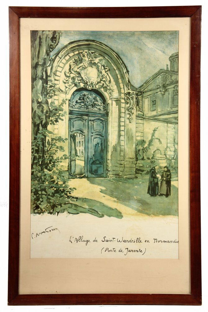 FRENCH LITHO POSTER - "L'Abbaye de Saint-Wandrille en: FRENCH LITHO POSTER - "L'Abbaye de Saint-Wandrille en Normandie (Porte de Jarente)", signed "P. Marossy", circa 1930s. In mahogany frame, matted and glazed. OS: 42" x 27 1/2". SS: 32" x 21". Good cond