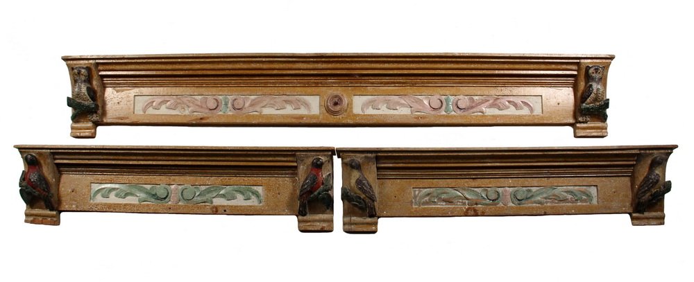 (3) ARCHITECTURAL CORNICES - Double Door & (2) Window: (3) ARCHITECTURAL CORNICES - Double Door & (2) Window Cornices in hand carved painted pine, with hand carved birds on the corbels, owls on the door piece, consigner indicates these are the work of DeL
