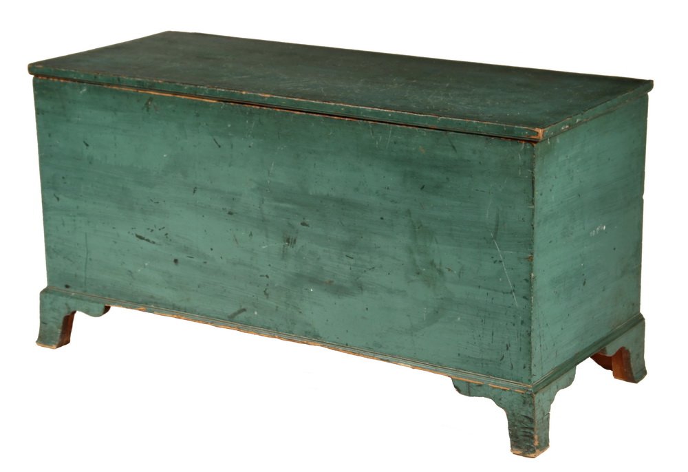 COUNTRY BLANKET CHEST - 18th c. New England Six-Plank: COUNTRY BLANKET CHEST - 18th c. New England Six-Plank Pine Chest in the original apple green paint, with covered till, set on bracket Footed Base. 21 1/2" x 41" x 16 1/2". Light scratches to top.