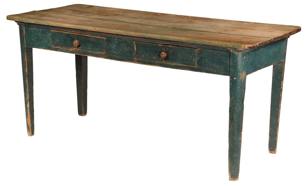 COUNTRY WORK TABLE - 19th c. Pine Kitchen Work Table: COUNTRY WORK TABLE - 19th c. Pine Kitchen Work Table with natural two plank top, set on blue painted base with two drawers, mushroom knobs, tapered quarter round legs. 31" x 22" x 66". Good condition,