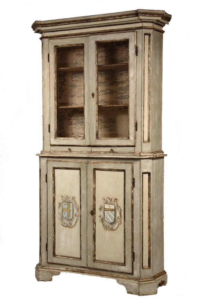 CONTINENTAL PAINTED CUPBOARD - 18th c. Country Two-Part: CONTINENTAL PAINTED CUPBOARD - 18th c. Country Two-Part Cupboard in grey & cream paint with gold detailing, heraldic shields on doors, deep flat molded cornice, canted corners, open wire doors over tw