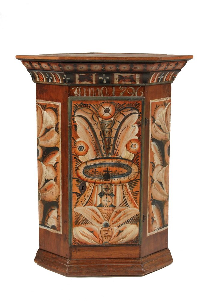 SCANDINAVIAN WALL HANGING CORNER CUPBOARD - Small: SCANDINAVIAN WALL HANGING CORNER CUPBOARD - Small Cupboard in Pine with floral paint decoration in orange and white over blue, marked "ANNO 1796" under the deep cove molded crown, with single door ove