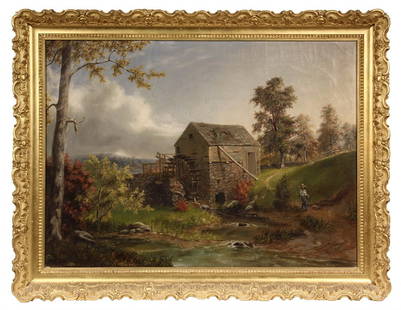 WILLIAM SANFORD MASON, (PA/RI, 1824-1864); Boy with: WILLIAM SANFORD MASON, (PA/RI, 1824-1864); Boy with Fishing Pole Passing a Grist Mill, oil on canvas, signed lower right and dated 1854. In the original gilt gesso frame. OS: 27" x 35", SS: 21 1/2" x