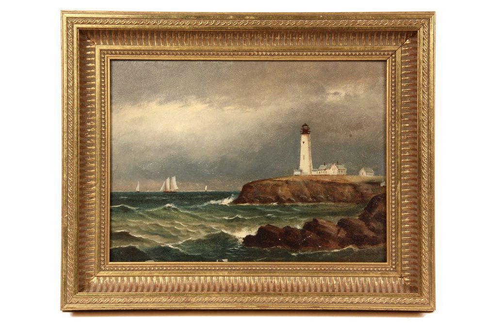 VIEW OF THE PORTLAND HEADLIGHT, MAINE - CLEMENT DREW,: VIEW OF THE PORTLAND HEADLIGHT, MAINE - CLEMENT DREW, (MA, 1806-1889), signed verso and dated 1888, identified, in later gold ribbed cove frame, OS: 12 1/2" x 15 1/2", SS: 8 1/2" x 11 1/2", flaking at