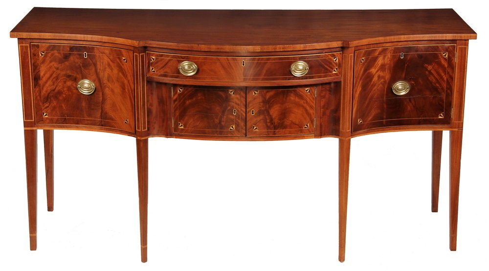 SHERATON SIDEBOARD - High Quality Federal Period: SHERATON SIDEBOARD - High Quality Federal Period American Serpentine Front Sideboard in mahogany with string and fan inlay, overhanging top with conforming case holding concave side door and drawer co