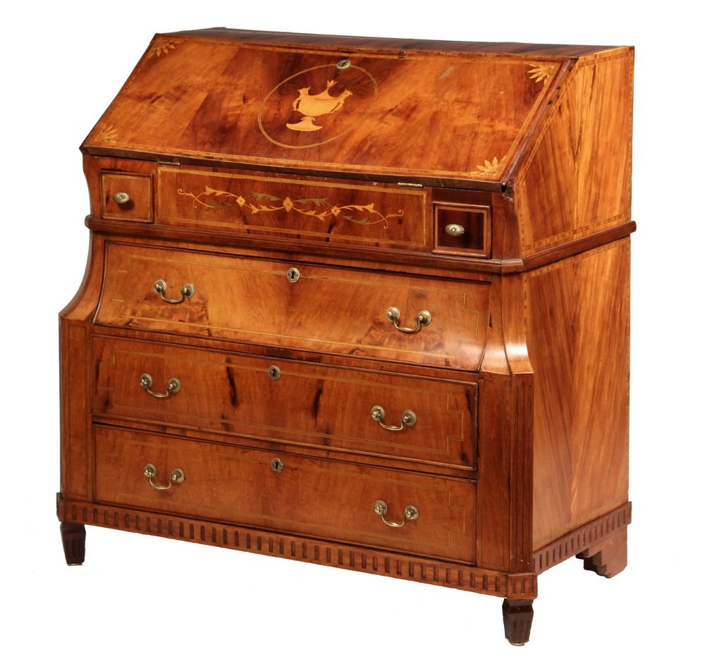 CONTINENTAL 2 PART DESK - Lady's Desk in elaborate: CONTINENTAL 2 PART DESK - Lady's Desk in elaborate walnut inlay, fall front with urn decor, complex fitted interior having hidden compartments, drawers between canted & flanged split fluted columns, 3