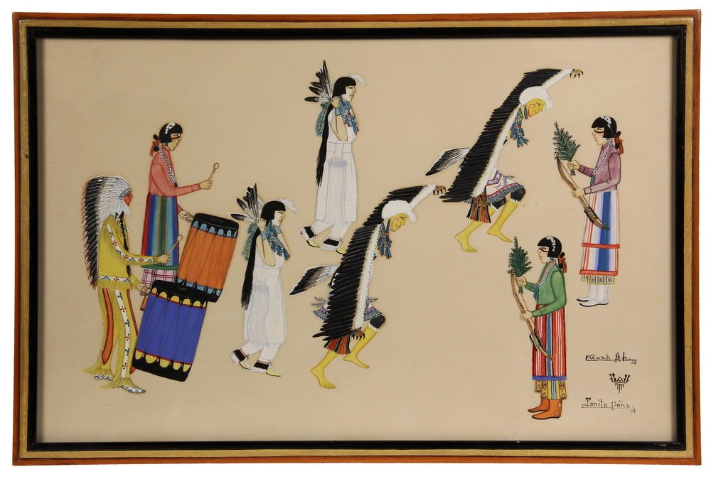 NATIVE AMERICAN GOUACHE PAINTING - "Eagle Dancers" by: NATIVE AMERICAN GOUACHE PAINTING - "Eagle Dancers" by Tonita Pena (Quah Ah), Cochiti Pueblo, NM (1893-1949), signed lr, circa 1930s, in artist painted stepped frame, under glass. Pena was the first fe