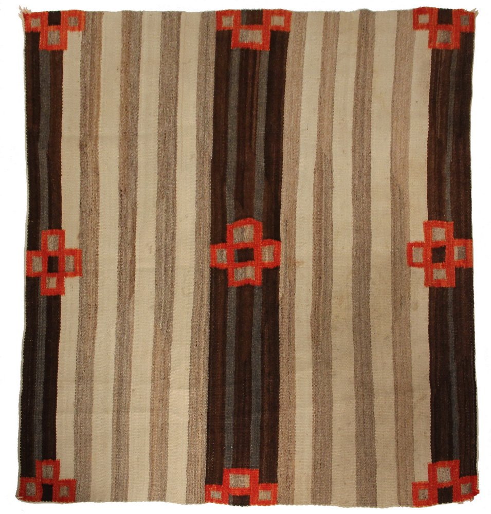NAVAJO RUG - 56" x 60" - Sand, cream and brown with red: NAVAJO RUG - 56" x 60" - Sand, cream and brown with red corners and center. Good condition.