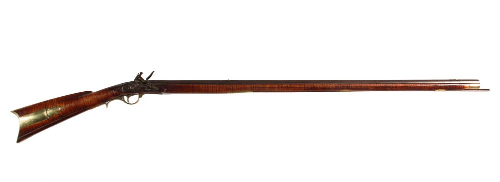 PENNSYLVANIA LONG RIFLE - Flintlock marked P&D Moll,: PENNSYLVANIA LONG RIFLE - Flintlock marked P&D Moll, Peter and David, of Hellerstown, PA, ca 1812, engraved in script on top barrel flat, 42" full octagonal rifled barrel, 8 grooves, 57" overall, faux