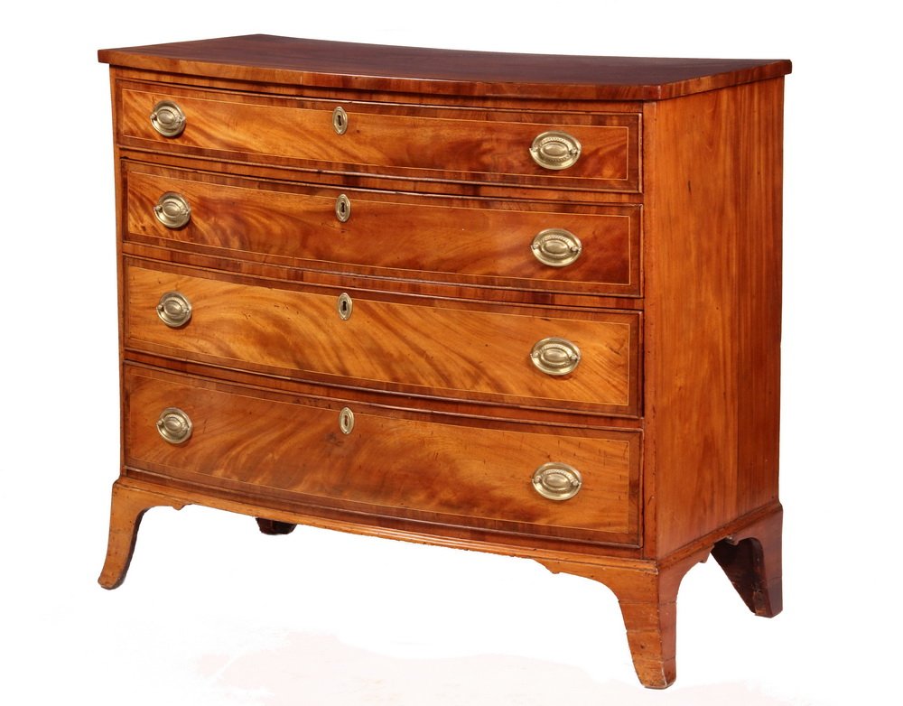 BOW FRONT CHEST - American Hepplewhite Four Drawer: BOW FRONT CHEST - American Hepplewhite Four Drawer Figured Mahogany Dresser with boxwood string inlay, beaded and banded edges, cast oval brasses, French feet. 36 1/2" x 42" x 21 1/4". Repair to right