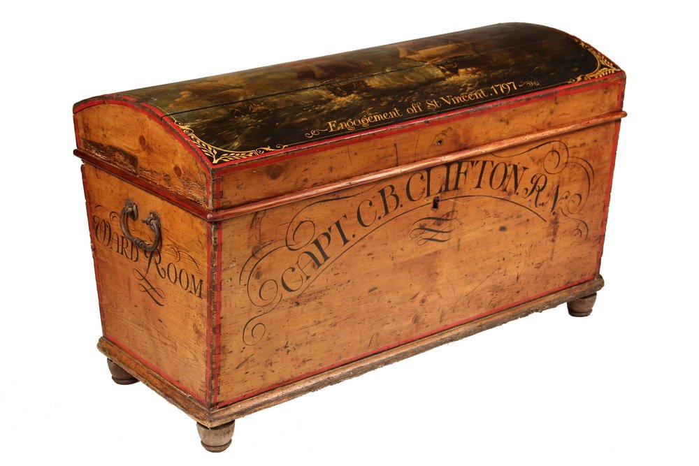 PAINTED PINE DOME TOP TRUNK - 19th c. Sea Captain's: PAINTED PINE DOME TOP TRUNK - 19th c. Sea Captain's Trunk in dovetailed pine with till interior, the dome top having later oil painting of sea battle captioned "Engagement Off St. Vincent, 1792", the